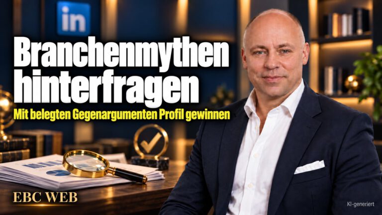 Branchenmythen hinterfragen: Mit belegten Gegenargumenten Profil gewinnen. EBC Eller Business Consulting zeigt, wie ein Fachbeitrag auf LinkedIn die Positionierung stärkt.