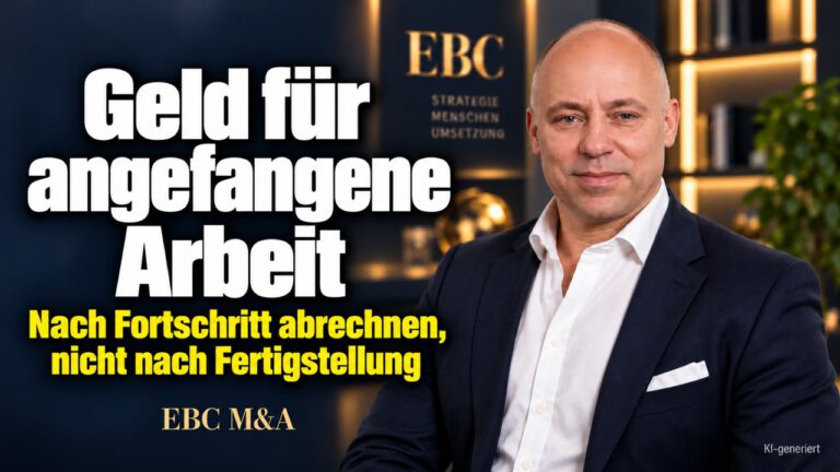 Abschlagszahlung: Geld für angefangene Arbeit. Nach Fortschritt abrechnen, nicht am Ende. EBC M&A erklärt Abschläge im Werkvertrag als Finanzierung.