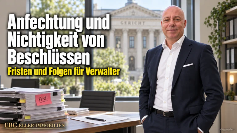 Anfechtung und Nichtigkeit von Beschlüssen: Fristen und Folgen für Verwalter. EBC Eller Immobilien prüft für Hausverwaltungen Tagesordnung, Vereinbarung und Gemeinschaftsordnung.
