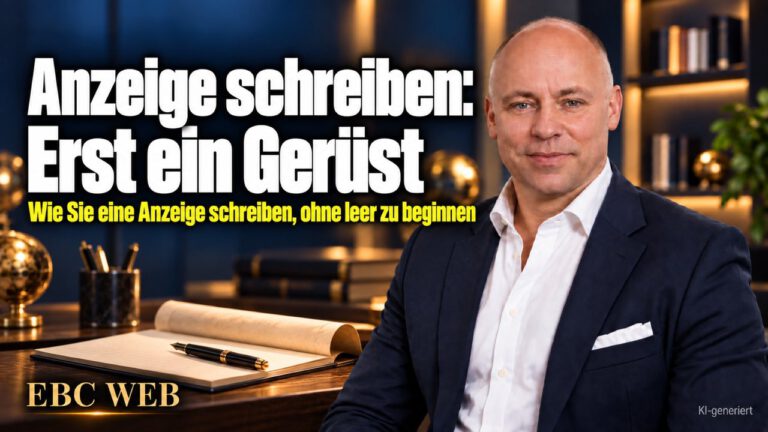 Anzeige schreiben: Erst ein Gerüst. Vor dem leeren Feld. EBC Eller Business Consulting zeigt, wie eine Vorlage den Werbetext für die Kundengewinnung ordnet.