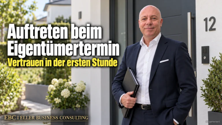 Auftreten beim Eigentümertermin: Vertrauen in der ersten Stunde. EBC Eller Business Consulting zeigt Maklern aktives Zuhören, Vier-Seiten-Modell und Alleinauftrag.