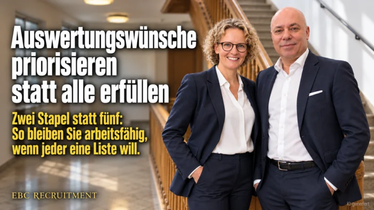 Auswertungswünsche priorisieren statt alle erfüllen: Zwei Stapel statt fünf: So bleiben Sie arbeitsfähig, wenn jeder eine Liste will. EBC Recruitment ordnet das Berichtswesen.