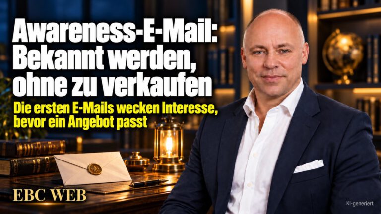 Awareness-E-Mail: Bekannt werden, ohne zu verkaufen. Die ersten E-Mails wecken Interesse, bevor ein Angebot passt. EBC Eller Business Consulting zeigt Newsletter für Interessenten.