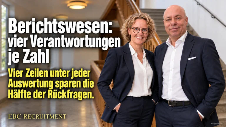 Berichtswesen: vier Verantwortungen je Zahl. Vier Zeilen unter jeder Auswertung sparen die Hälfte der Rückfragen. EBC Recruitment ordnet Personalbericht und Personalcontrolling.