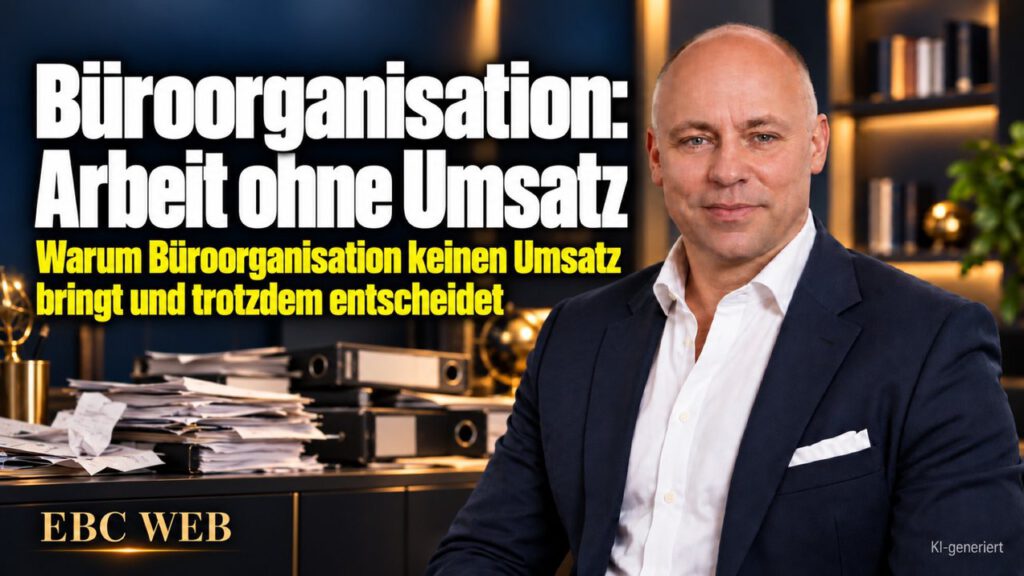Büroorganisation: Arbeit ohne Umsatz. Der Stapel auf der Anrichte. EBC Eller Business Consulting zeigt, wie Belege, Buchhaltung und Kostenüberblick weniger Verwaltungsarbeit verlangen.