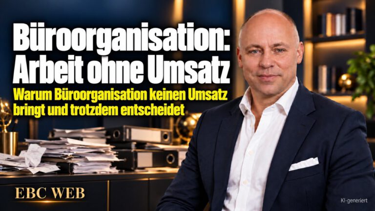 Büroorganisation: Arbeit ohne Umsatz. Der Stapel auf der Anrichte. EBC Eller Business Consulting zeigt, wie Belege, Buchhaltung und Kostenüberblick weniger Verwaltungsarbeit verlangen.