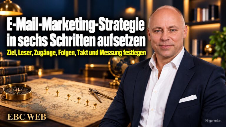 E-Mail-Marketing-Strategie in sechs Schritten aufsetzen: Ziel, Leser, Zugänge, Folgen, Takt und Messung festlegen. EBC Eller Business Consulting ordnet Zielgruppe und Kundenreise.