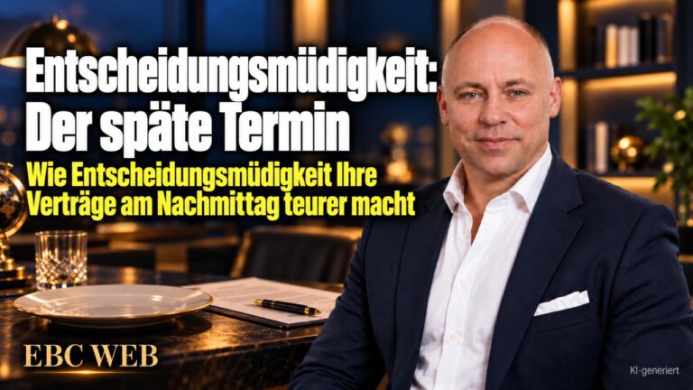 Entscheidungsmüdigkeit: Der späte Termin. Freitag, vierter Termin. EBC Eller Business Consulting erklärt, wie Terminplanung die Urteilskraft in der Vertragsverhandlung schützt.