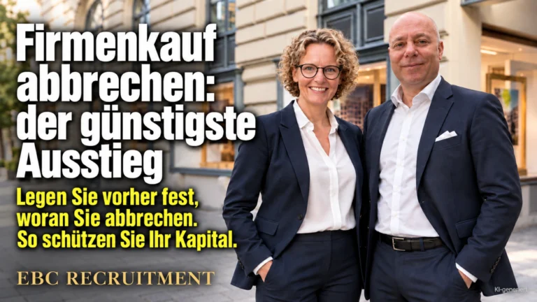 Firmenkauf abbrechen: der günstigste Ausstieg. Legen Sie vorher fest, woran Sie abbrechen. So schützen Sie Ihr Kapital. EBC Recruitment erklärt Kulturintegration vor der Übernahme.