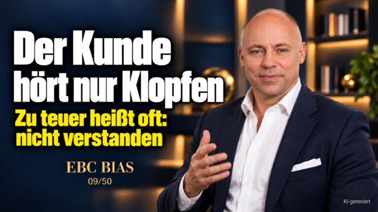 Fluch des Wissens: Warum Angebote verlieren. Er hört nur Klopfen. EBC Bias erklärt, wie Fachwissen im Kundengespräch Angebote unverständlich macht und den Vertrieb Aufträge kostet.