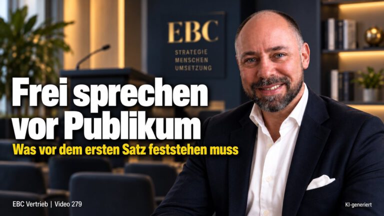 Frei sprechen vor Publikum. Der Raum schaltet früh ab. EBC Vertrieb zeigt, wie Rhetorik und Präsentation beim Vortrag halten der Mandatsgewinnung dienen.