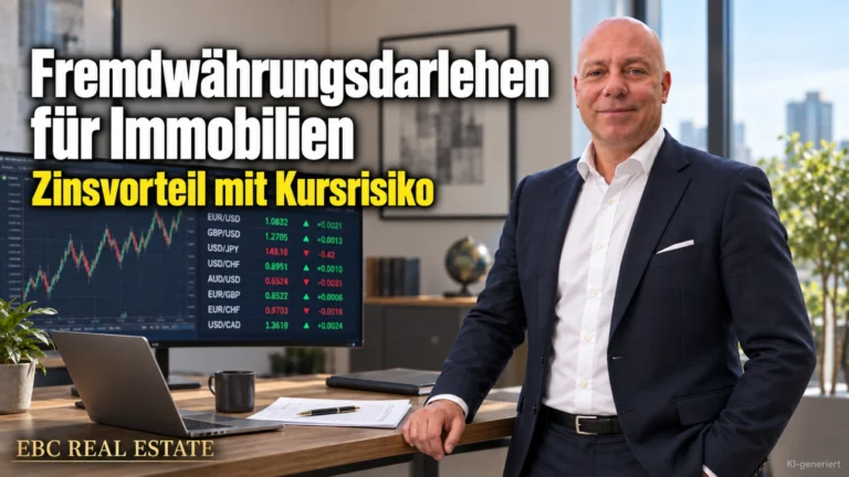 Fremdwährungsdarlehen für Immobilien: Zinsvorteil mit Kursrisiko. EBC Real Estate erklärt Finanzierungsvermittlern Wechselkursrisiko, Tilgung und endfälliges Darlehen.