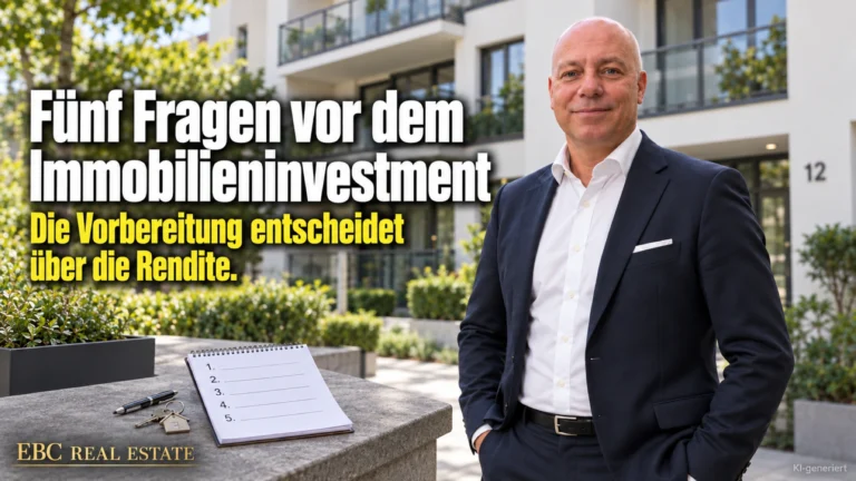 Fünf Fragen vor dem Immobilieninvestment: Die Vorbereitung entscheidet über die Rendite. EBC Real Estate verbindet Standortanalyse, Finanzierung und Immobilienkauf.