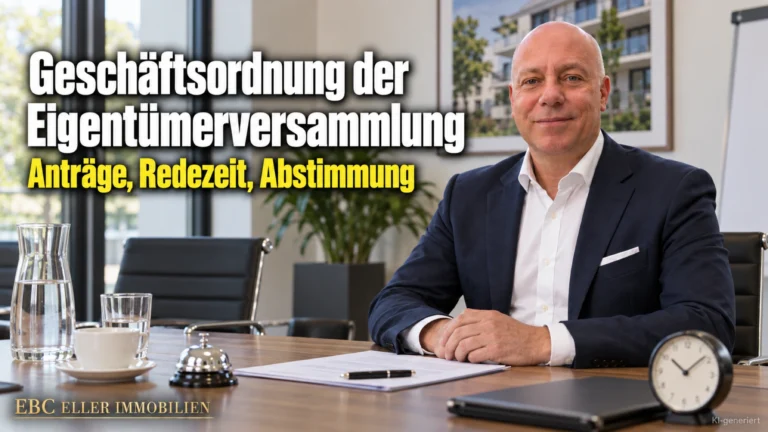 Geschäftsordnung der Eigentümerversammlung: Anträge, Redezeit, Abstimmung. EBC Eller Immobilien zeigt Hausverwaltungen Geschäftsordnungsbeschluss, Kopfprinzip und Anfechtungsklage.