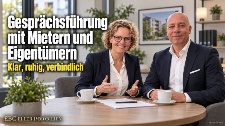 Gesprächsführung mit Mietern und Eigentümern: Klar, ruhig, verbindlich. EBC Eller Immobilien zeigt Hausverwaltungen aktives Zuhören, Vier-Seiten-Modell und Eisberg-Modell.