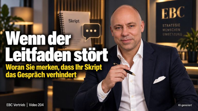 Gesprächsleitfaden: Wenn das Skript stört. Gut vorbereitet, trotzdem vorbei. EBC Vertrieb erklärt im Sales, wie Erstgespräch und Einwandbehandlung ohne starres Skript gelingen.