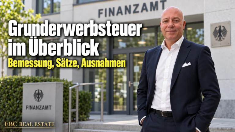 Grunderwerbsteuer im Überblick: Bemessung, Sätze, Ausnahmen. EBC Real Estate erklärt für das Immobilien Investment Teileigentum, Erbbaurecht und Zwangsversteigerung.