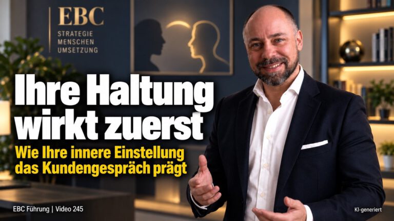 Haltung im Kundengespräch: Was zuerst wirkt. Gute Unterlagen, trotzdem abgelehnt. EBC Führung zeigt, wie Auftreten und Selbstführung helfen, ein Mandat zu gewinnen.