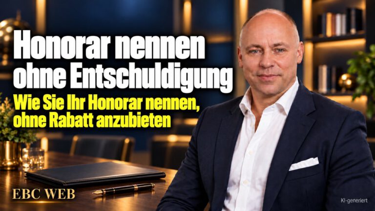 Honorar nennen ohne Entschuldigung: Der kleine Halbsatz danach. EBC Eller Business Consulting zeigt, wie Selbstbild und klarer Preis die Preisverhandlung ohne Rabatt führen.