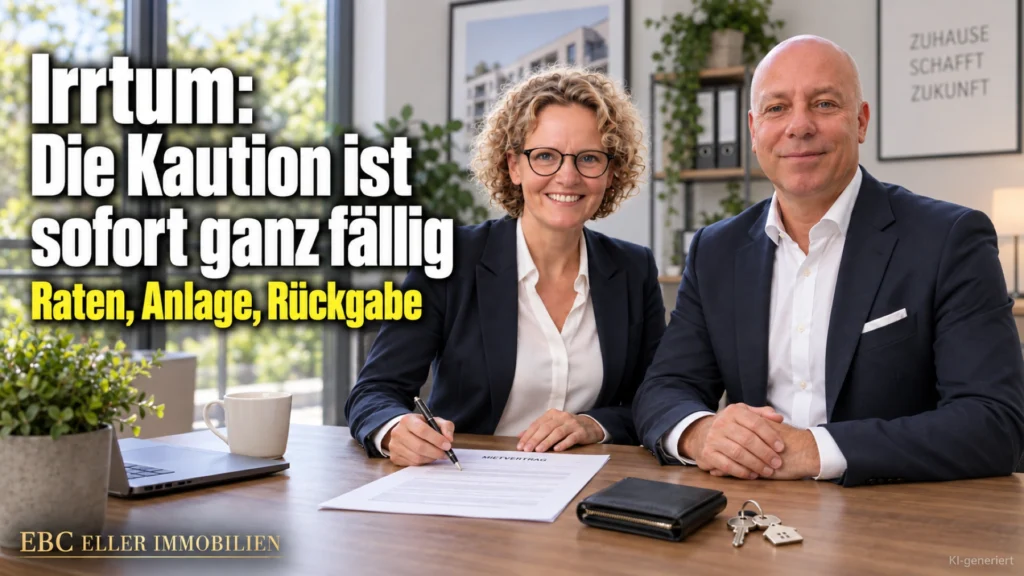 Irrtum: Die Kaution ist sofort ganz fällig. Raten, Anlage, Rückgabe. EBC Eller Immobilien erklärt Vermietern Mietkaution, Treuhandkonto, Bürgschaft und Aufrechnung.