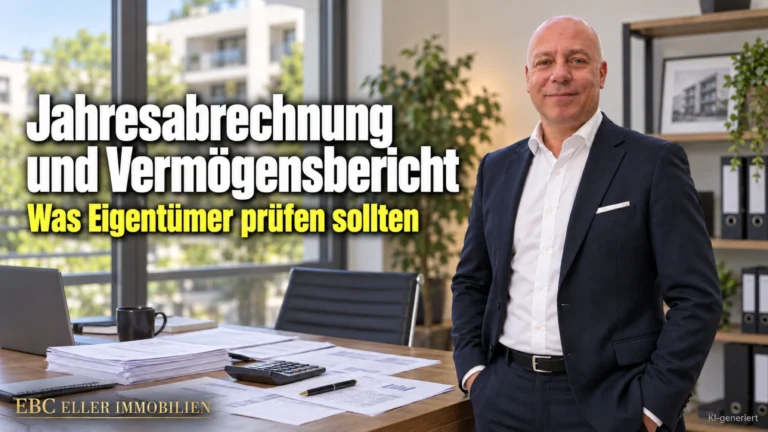 Jahresabrechnung und Vermögensbericht: Was Eigentümer prüfen sollten. EBC Eller Immobilien erklärt Hausverwaltungen Abrechnungsspitze, Umlageschlüssel und Erhaltungsrücklage.