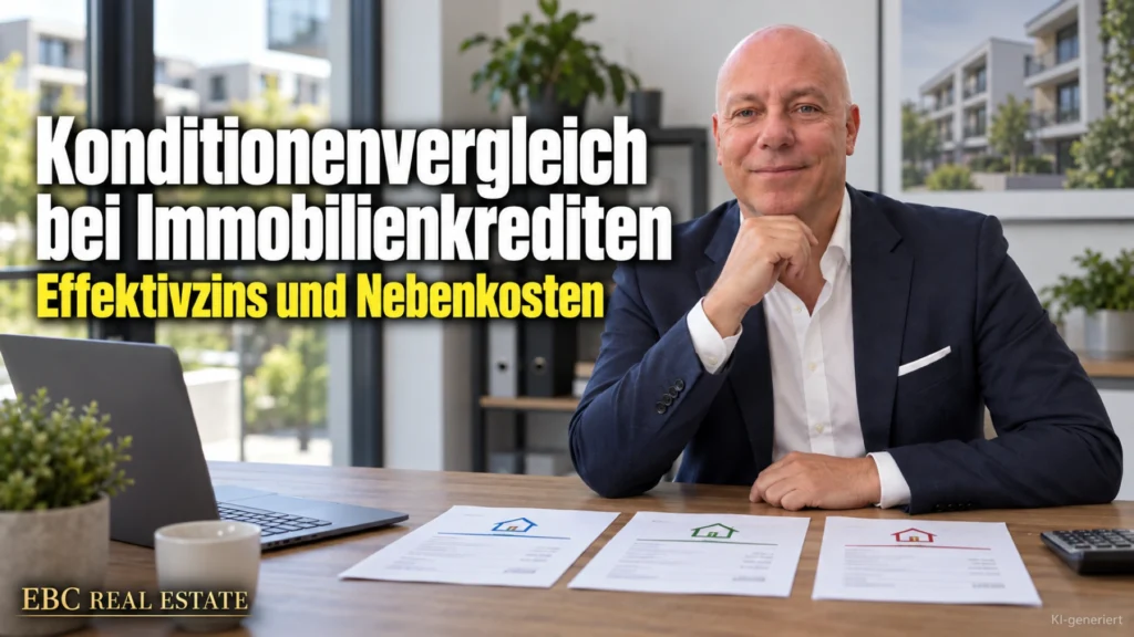 Konditionenvergleich bei Immobilienkrediten: Effektivzins und Nebenkosten. EBC Real Estate vergleicht für Investoren effektiven Jahreszins, Disagio und Zinsbindung.