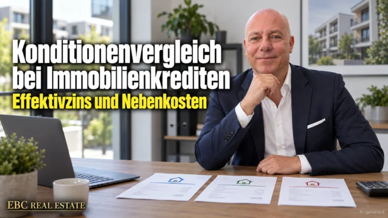 Konditionenvergleich bei Immobilienkrediten: Effektivzins und Nebenkosten. EBC Real Estate vergleicht für Investoren effektiven Jahreszins, Disagio und Zinsbindung.