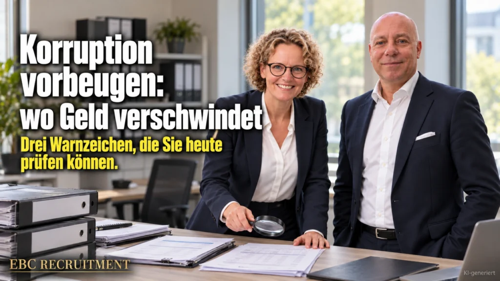 Korruption vorbeugen: wo Geld verschwindet. Drei Warnzeichen, die Sie heute prüfen können. EBC Recruitment zeigt Korruptionsprävention mit Vier-Augen-Prinzip im Personalcontrolling.
