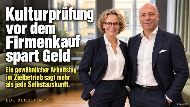 Kulturprüfung vor dem Firmenkauf spart Geld: Ein gewöhnlicher Arbeitstag im Zielbetrieb sagt mehr als jede Selbstauskunft. EBC Recruitment ergänzt die Due Diligence um Kulturintegration.