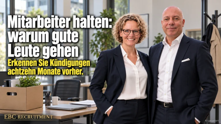 Mitarbeiter halten: warum gute Leute gehen. Erkennen Sie Kündigungen achtzehn Monate vorher. EBC Recruitment zeigt Mitarbeiterbindung gegen Fluktuation in der Personalführung.