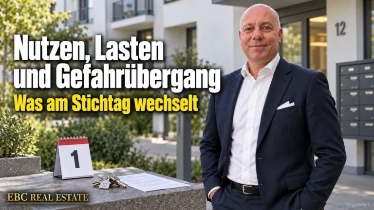 Nutzen, Lasten und Gefahrübergang: Was am Stichtag wechselt. EBC Real Estate erklärt für das Immobilien Investment wirtschaftliches Eigentum, Übergabeprotokoll und Hausgeld.