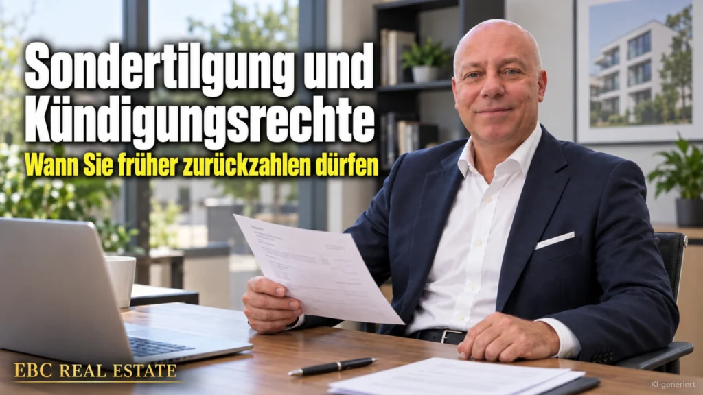 Sondertilgung und Kündigungsrechte: Wann Sie früher zurückzahlen dürfen. EBC Real Estate erklärt Investoren Sondertilgung, Zinsbindung und Vorfälligkeitsentschädigung im Annuitätendarlehen.