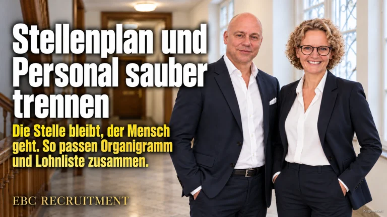 Stellenplan und Personal sauber trennen: Die Stelle bleibt, der Mensch geht. So passen Organigramm und Lohnliste zusammen. EBC Recruitment ordnet die Personalplanung.