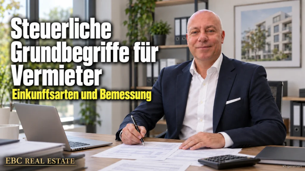 Steuerliche Grundbegriffe für Vermieter: Einkunftsarten und Bemessung. EBC Real Estate erklärt Hausverwaltungen Überschusseinkünfte, Werbungskosten, Abschreibung und Erhaltungsaufwand.