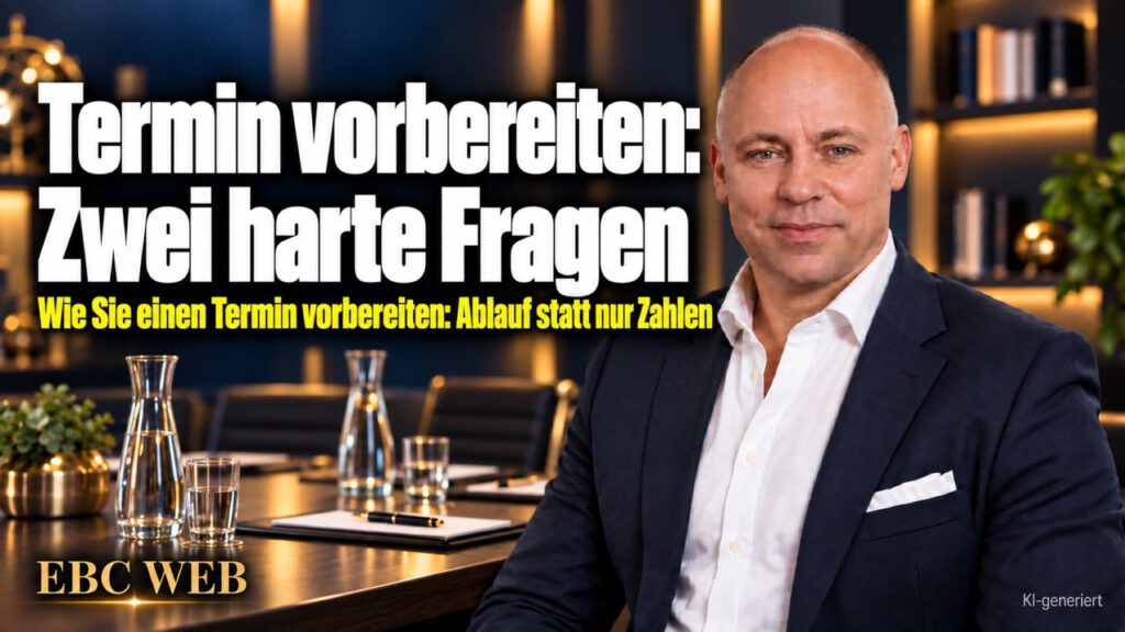 Termin vorbereiten: Zwei harte Fragen. Zehn Minuten vor dem Termin. EBC Eller Business Consulting zeigt, wie Gesprächsvorbereitung Einwände im Kundentermin vorwegnimmt.