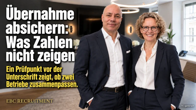 Übernahme absichern: Was Zahlen nicht zeigen. Ein Prüfpunkt vor der Unterschrift zeigt, ob zwei Betriebe zusammenpassen. EBC Recruitment prüft Unternehmenskultur beim Firmenkauf.