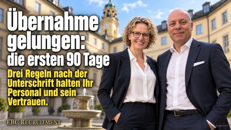 Übernahme gelungen: die ersten 90 Tage. Drei Regeln nach der Unterschrift halten Ihr Personal und sein Vertrauen. EBC Recruitment zeigt Mitarbeiterbindung und Kulturintegration nach dem Firmenkauf.