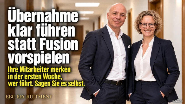 Übernahme klar führen statt Fusion vorspielen: Ihre Mitarbeiter merken in der ersten Woche, wer führt. Sagen Sie es selbst. EBC Recruitment erklärt Personalführung nach der Übernahme.