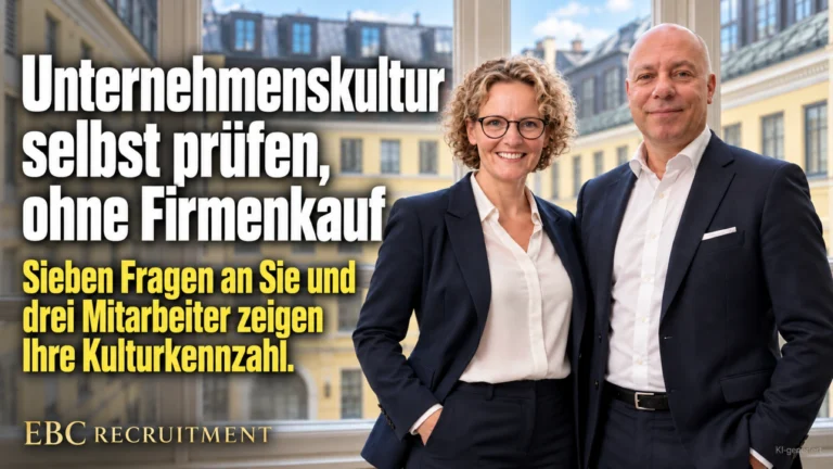 Unternehmenskultur selbst prüfen, ohne Firmenkauf: Sieben Fragen an Sie und drei Mitarbeiter zeigen Ihre Kulturkennzahl. EBC Recruitment verbindet sie mit Unternehmenswert und Nachfolge.