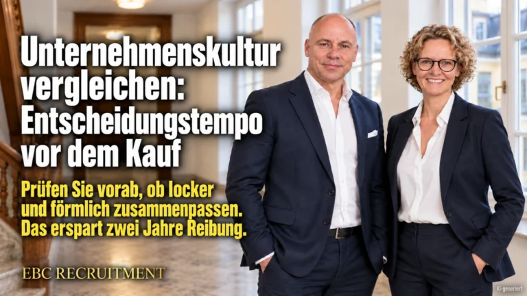 Unternehmenskultur vergleichen: Entscheidungstempo vor dem Kauf. Prüfen Sie vorab, ob locker und förmlich zusammenpassen. Das erspart zwei Jahre Reibung. EBC Recruitment begleitet Firmenkäufe.