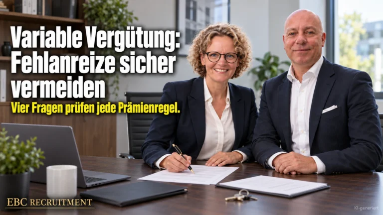 Variable Vergütung: Fehlanreize sicher vermeiden. Vier Fragen prüfen jede Prämienregel. EBC Recruitment erklärt Prämie und Zielvereinbarung im Personalcontrolling.