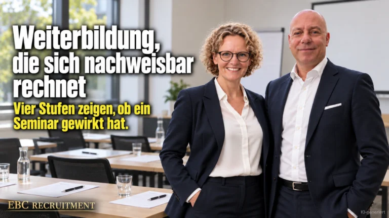Weiterbildung, die sich nachweisbar rechnet: Vier Stufen zeigen, ob ein Seminar gewirkt hat. EBC Recruitment erklärt Bildungscontrolling in der Personalentwicklung.