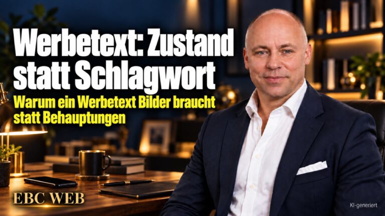 Werbetext: Zustand statt Schlagwort. Entlastung steht überall. EBC Eller Business Consulting erklärt im Marketing, wie eine Anzeige den Kundennutzen konkret beschreibt.