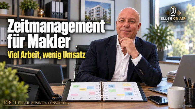 Zeitmanagement für Makler: Viel Arbeit, wenig Umsatz. Im Podcast Eller on Air zeigt EBC Eller Business Consulting Immobilienmaklern Erfolgsquote, Alleinauftrag und KI im Innendienst.